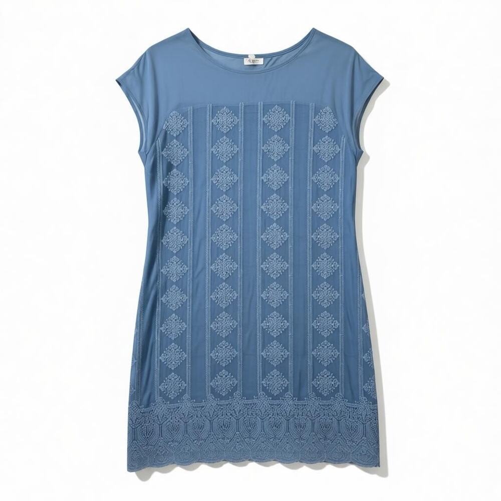 Sundance Embroidered Rayon Twilight Shift Dress Blue Cap Sleeve Boho Midi Size M